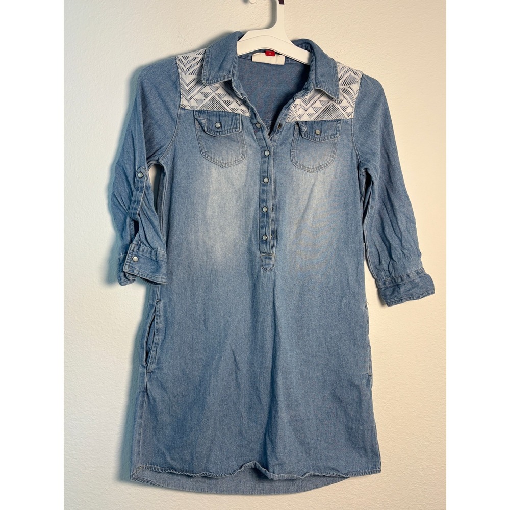 Red Camel Girls XL‎ Blue Denim Shirt Dress Crochet Lace Shoulder Roll Tab Sleeve